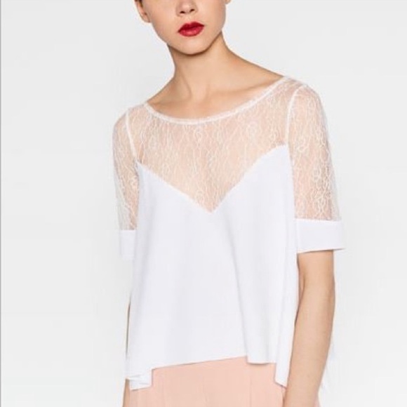 Zara White Short Sleeve Contrast Lace V-Neck Flowy Crop Blouse Size Medium - Picture 15 of 16
